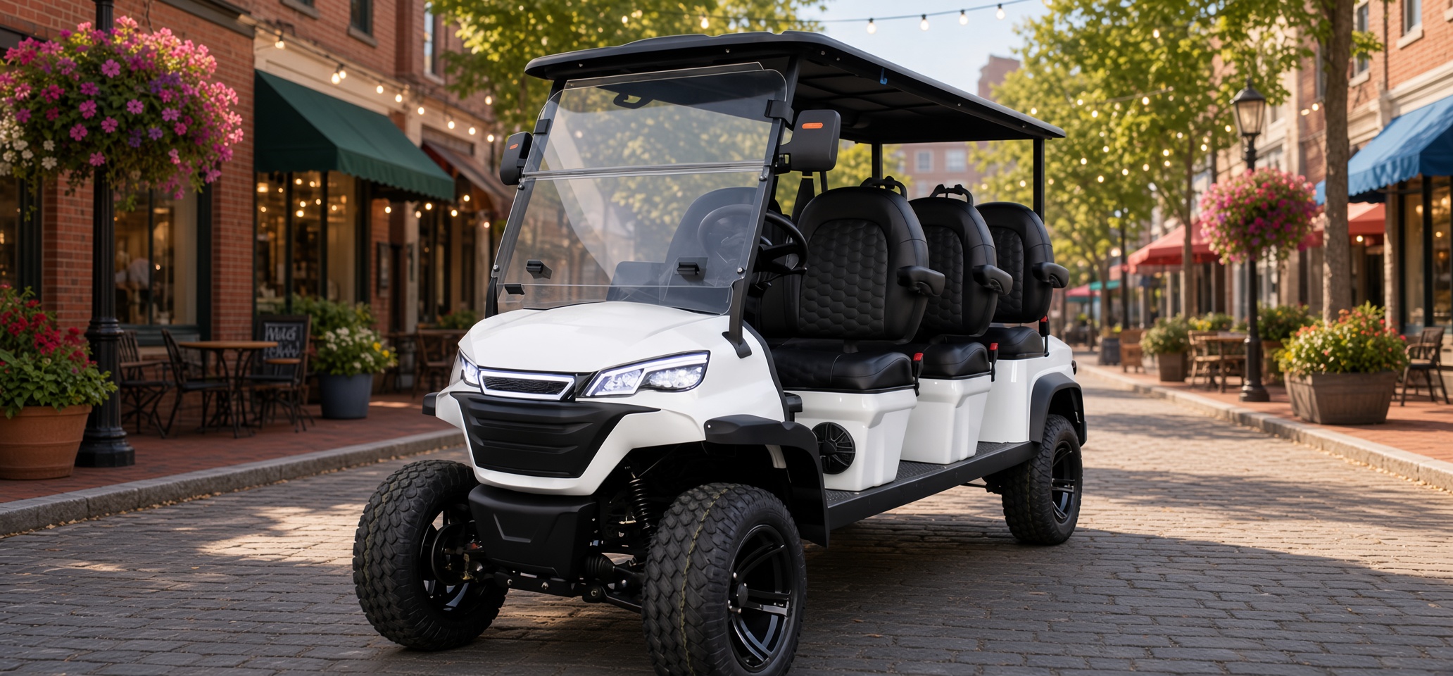 White six-seat, three-row street-legal low-speed vehicle on a main street. Generally available in 4 and 6 seat configurations.