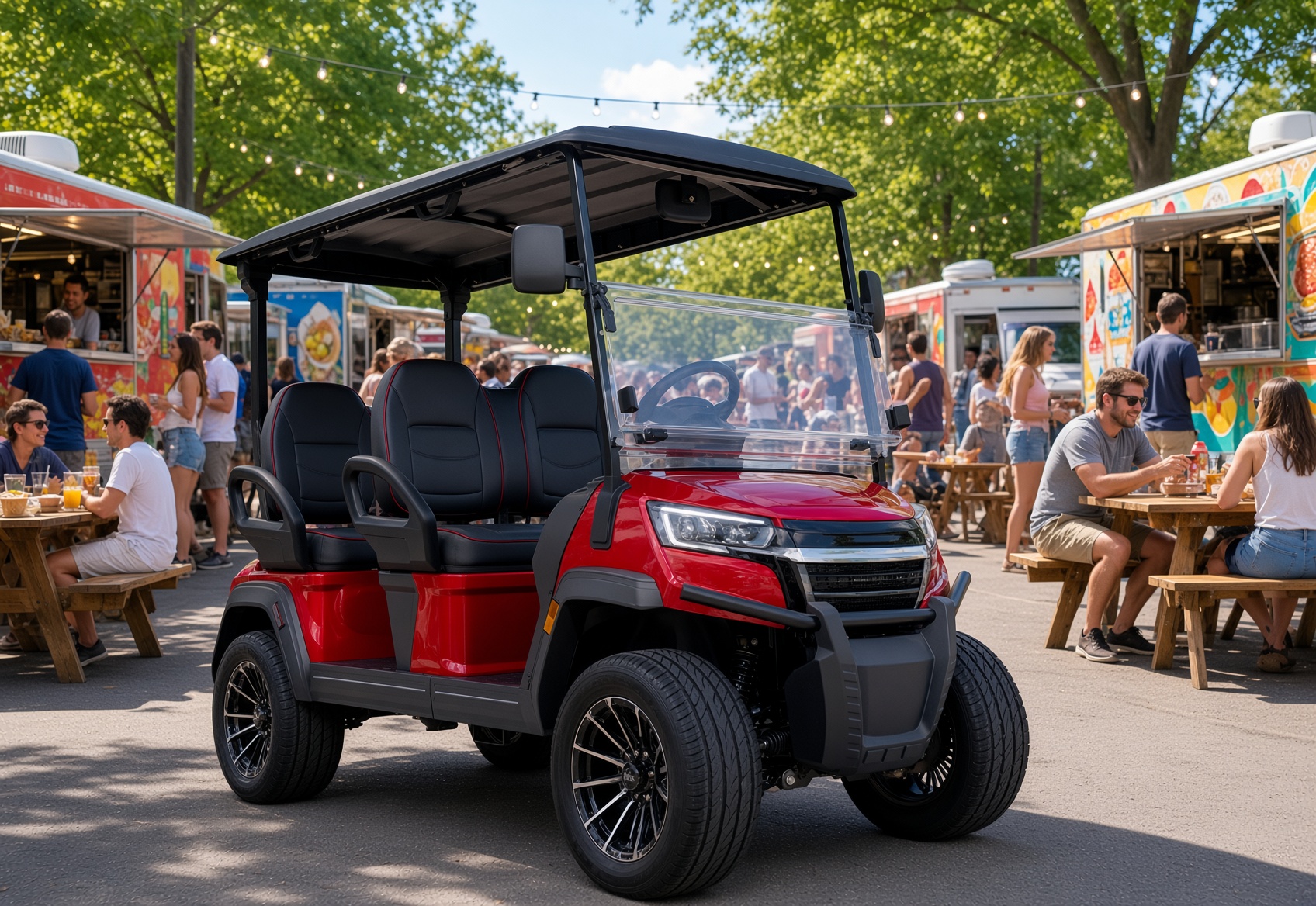 Red four-seat street-legal low-speed vehicle at an outdoor gathering. Generally available in 4 and 6 seat configurations.