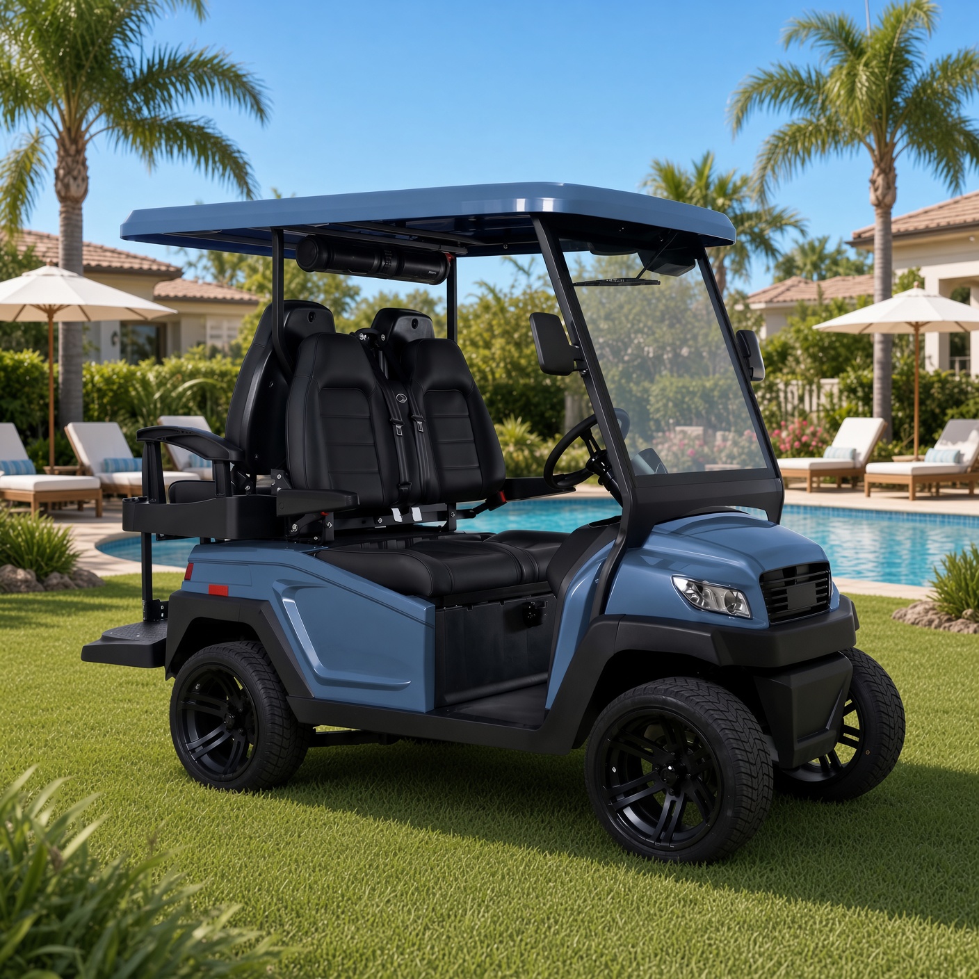 Metallic blue four-seat street-legal low-speed vehicle on a lawn by a pool. Generally available in 4 and 6 seat configurations.