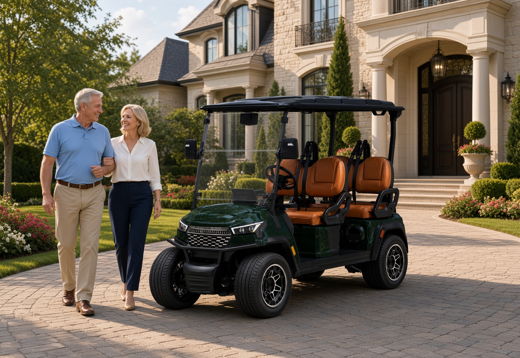 Forest-green six-seat street-legal low-speed vehicle in front of a stone home. Generally available in 4 and 6 seat configurations.